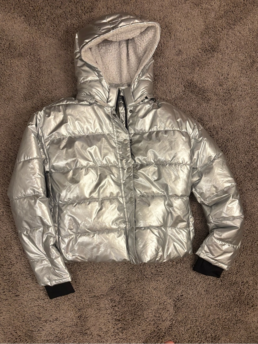 Women’s Metallic Silver Puffer Jacket with Hood